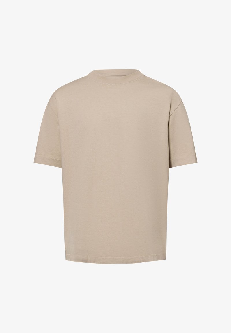 Beige cotton t-shirt with a relaxed fit, short sleeves, and a crew neck. The fabric appears soft with a smooth texture.