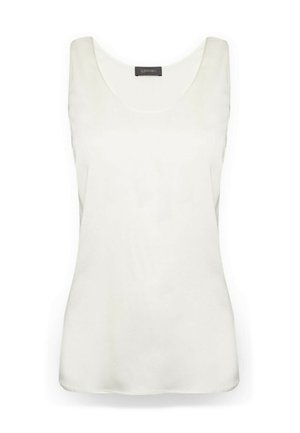 Top bianco senza maniche in tessuto morbido, con scollatura rotonda e forma aderente. Presenta linee pulite e un design semplice.