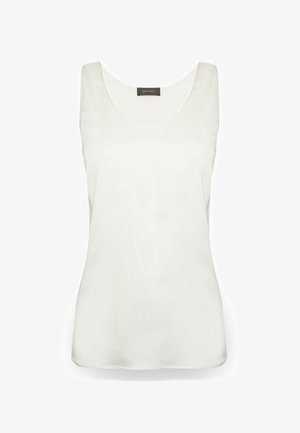 Ärmelloses weißes Oberteil aus glattem Stoff, mit Rundhalsausschnitt und taillierter Form. Hat klare Linien und ein schlichtes Design.