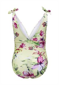 Kergelt kollane lillemusteriga ujumistrikoo roosa ja rohelise aktsendiga, millel on reguleeritavad sidumisrihmad ja sügava V-kujulise selja disain.