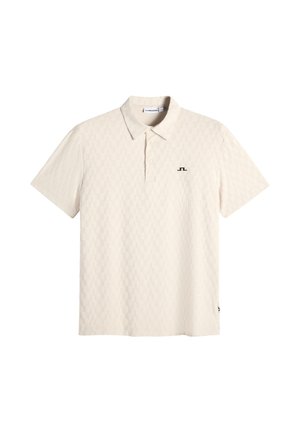 Beige poloshirt met korte mouwen, subtiel geprofileerd patroon en een klein zwart logo op de linkerborst.