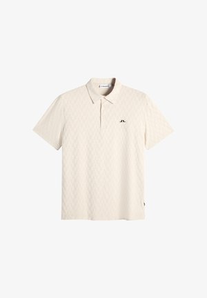 Beige poloshirt met korte mouwen, subtiel geprofileerd patroon en een klein zwart logo op de linkerborst.