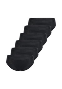 Zwarte katoenen ondergoedset, met een zachte textuur, elastische tailleband met logo, in een klassieke slipvorm. Zes stuks in een rij weergegeven.