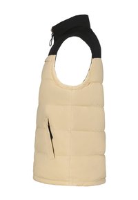 Beige ärmellose Steppweste mit hohem schwarzen Kragen, ausgestattet mit einer seitlichen Reißverschlusstasche und quilted Nähten zur Isolierung.