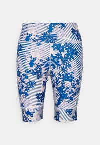 Siniset kukalliset urheilushortsit, joissa on pystysuorat valkoiset raidat. Ne ovat keskikokoiset ja valmistettu sileästä, joustavasta kankaasta.