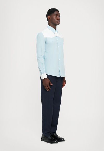 Uomo in piedi, che indossa una camicia a maniche lunghe blu chiaro con yoke e polsini bianchi, pantaloni scuri e scarpe eleganti nere, su uno sfondo uniforme.