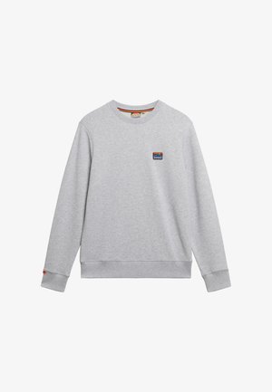 Grauer Sweatshirt aus Baumwollmischung, mit langen Ärmeln, Rundhalsausschnitt und einem kleinen mehrfarbigen Logo auf der Brust. Rippbündchen und Saum.