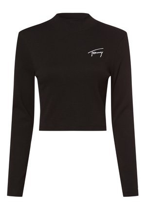 Top court noir à manches longues avec col montant et logo signature blanc "Tommy" sur le côté gauche de la poitrine.