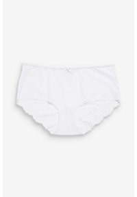 Witte katoenen slip met kanten details langs de randen en een klein satijnen strikje aan de voorkant. Zachte textuur, klassiek ontwerp, volledige dekking.