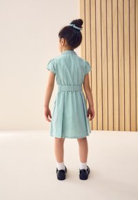 Groen-wit geruite jurk met korte pofmouwen, een kraag en een ceintuur. De jurk heeft een uitlopende rok. Zwarte schoenen met witte sokken.