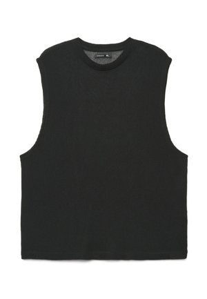 Gilet nero senza maniche in maglia con scollo tondo, etichettato taglia XL, posato su sfondo bianco.