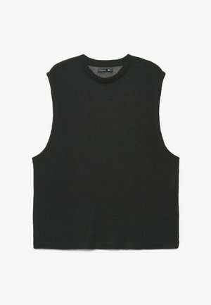 Gilet nero senza maniche in maglia con scollo tondo, etichettato taglia XL, posato su sfondo bianco.