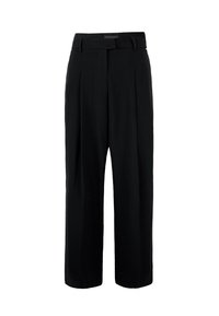 Pantaloni neri con vita alta, design plissettato e cintura in tessuto. Presentano gambe larghe e una texture morbida, adatti per varie occasioni.