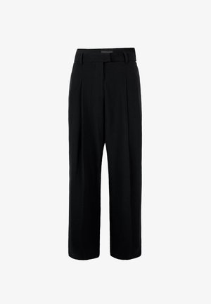 Pantaloni neri con vita alta, design plissettato e cintura in tessuto. Presentano gambe larghe e una texture morbida, adatti per varie occasioni.