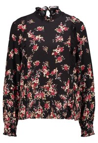 Blouse noire à manches longues avec un motif floral rouge et crème. Col à volants avec un petit détail en forme de goutte. Tissu doux et léger.