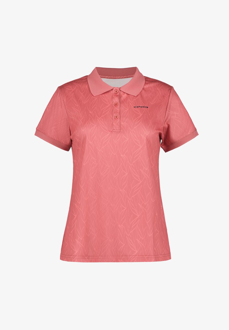 Polo à manches courtes en corail avec un motif de feuilles, présentant un col et une patte de boutonnage à trois boutons. Tissu lisse et léger.
