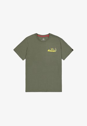 Tricou din bumbac de culoare verde măslin, cu mâneci scurte, având inscripția "Hawaii" imprimată în galben și o ilustrație cu un personaj pe pieptul stâng.