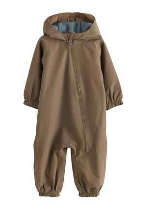 Combinaison imperméable pour bébé avec capuche, de couleur marron, doublée en polaire grise, manches longues, poignets élastiques, et fermeture éclair diagonale à l'avant.