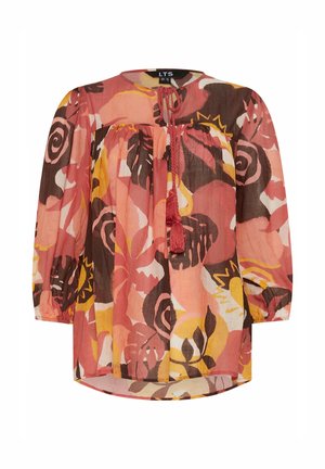 Locker sitzende Bluse mit langen Ärmeln, rosa-, braun- und gelbfarbenem abstraktem Blumenmuster, rundem Ausschnitt und Quastenbändern vorne.