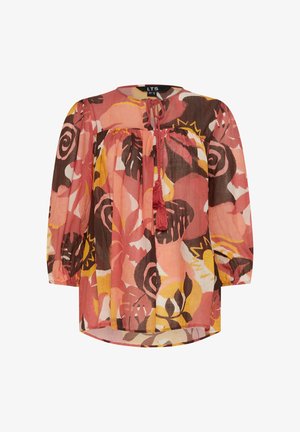 Blouse ample à manches longues avec motif floral abstrait en rose, marron et jaune, encolure ronde et détail de lien à pompons sur le devant.