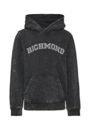 Sudadera con capucha de color gris oscuro con bolsillo delantero y texto "RICHMOND" en letras blancas contorneadas en el pecho.