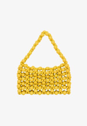 Żółta torebka na koralikach o wyraźnej strukturze, z uchwytem z okrągłych koralików i otwartym wzorem plecionki. Duży rozmiar z kolorowym akcentem.