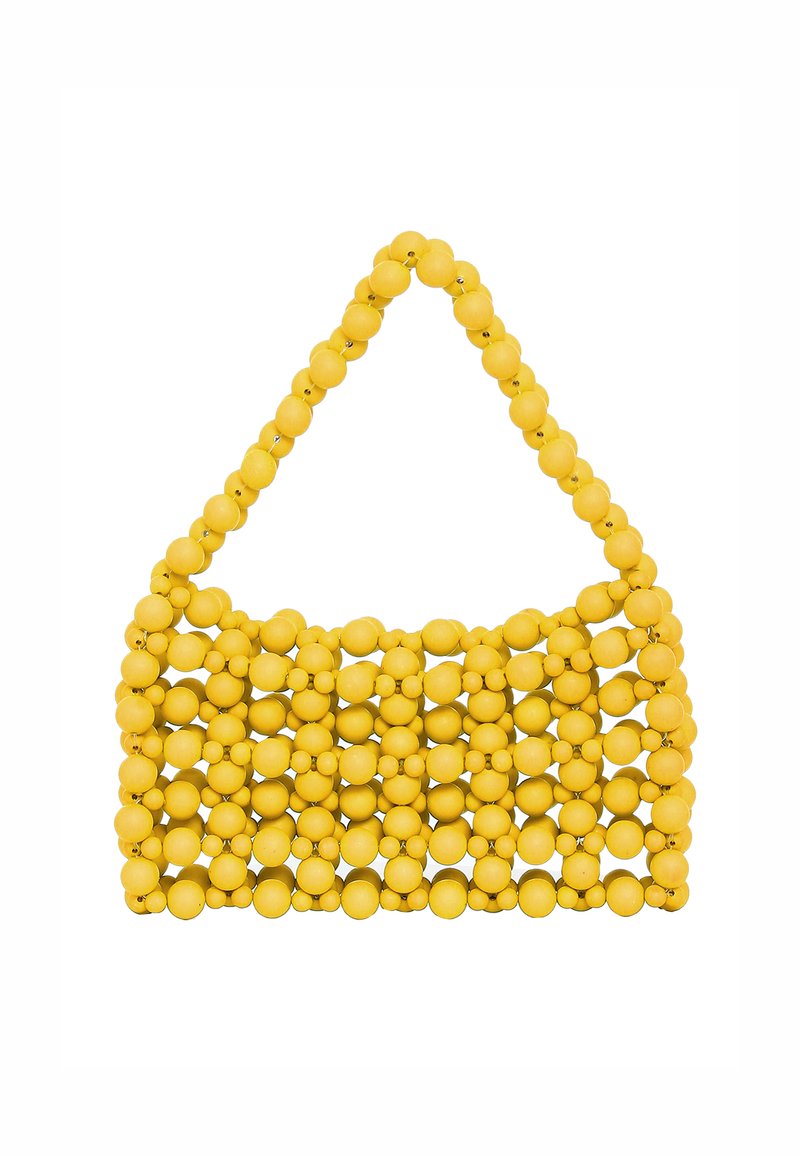 Borsa a mano gialla con perline, dal design strutturato, caratterizzata da un manico realizzato con perline tonde e un motivo a tessuto aperto. Di grande dimensione con accento colorato.