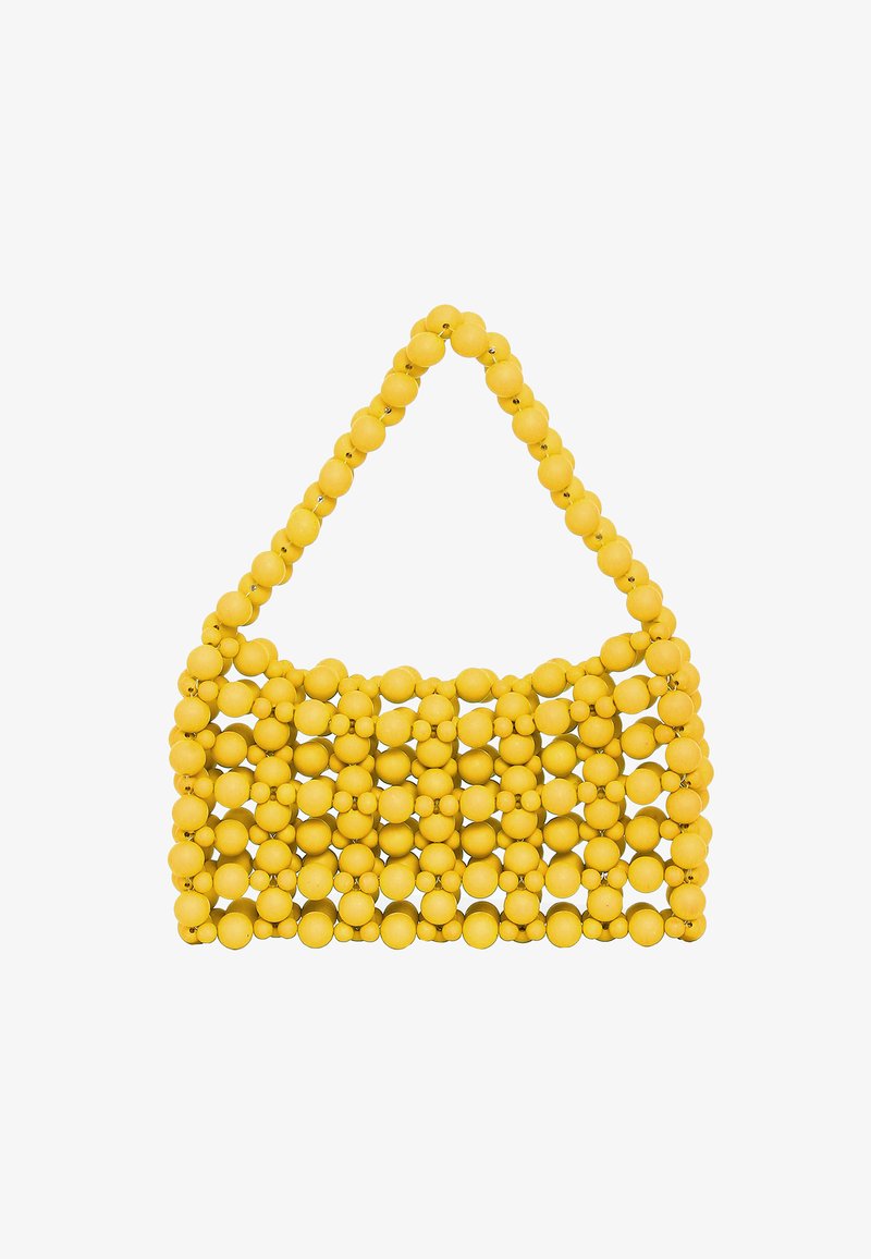 Gele kralen handtas met een gestructureerd ontwerp, met een handvat van ronde kralen en een open geweven patroon. Grote maat met kleurrijke accenten.