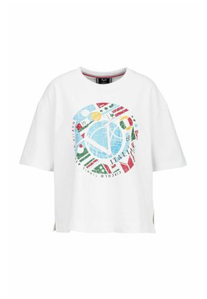 Witte katoenen t-shirt met een kleurrijke ronde grafiek met geometrische patronen en tekst, korte mouwen en zijsplitten voor extra stijl.