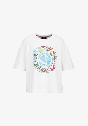 T-shirt en coton blanc avec un graphique rond coloré comportant des motifs géométriques et du texte, à manches courtes et avec des fentes sur les côtés pour une touche de style supplémentaire.