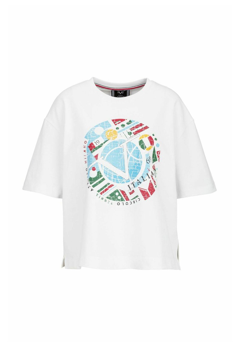 White cotton t-shirt featuring a colorful round graphic with geometric patterns and text, short sleeves, and side slits for added style.