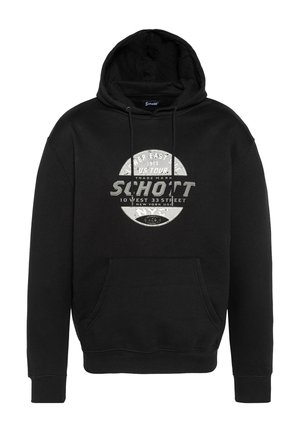 Sudadera negra hecha de una mezcla de algodón, con un bolsillo canguro en la parte frontal, capucha con cordón y estampado gráfico en gris y blanco.
