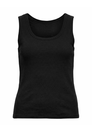 Sort, ribbet, ærmeløs top med rund halsudskæring, tætsiddende pasform og ensfarvet, vist fladt på hvid baggrund.