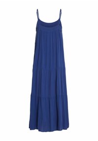 Longue robe maxi sans manches bleue avec fines bretelles et jupe fluide à volants.