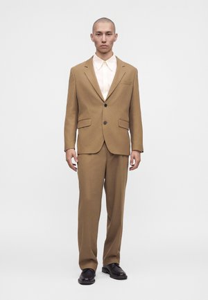 Uomo in piedi con indosso un abito marrone con scarpe nere e una camicia bianca con colletto, su uno sfondo semplice grigio chiaro.