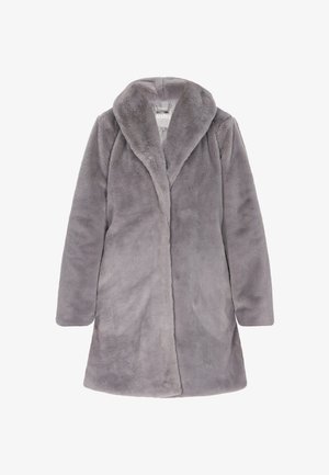 Szary płaszcz z futra sztucznego z kołnierzem szalowym, długimi rękawami i prostym krojem. Miękka tekstura i minimalistyczny design bez widocznych zapięć.