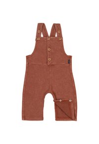 Rostfarbene Latzhosen aus weichem Stoff, mit verstellbaren Trägern, Holzknöpfen und einer seitlichen Tasche mit Druckknopfverschluss.