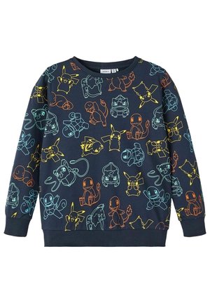 Marineblå sweatshirt med levende neonlysende konturer af forskellige tegneseriefigurer. Ribstrikket krave og ærmekanter, blød tekstur, afslappet pasform.