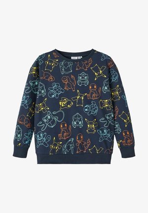 Sweat-shirt marine avec des contours néon vibrants de divers personnages de dessins animés. Col et poignets côtelés, texture douce, coupe décontractée.