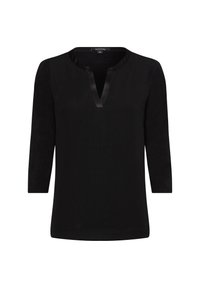Schwarzes Langarmshirt mit V-Ausschnitt, mit einem satinisierten Besatz am Ausschnitt. Weiche Textur, schlichtes Design und vielseitige Form.