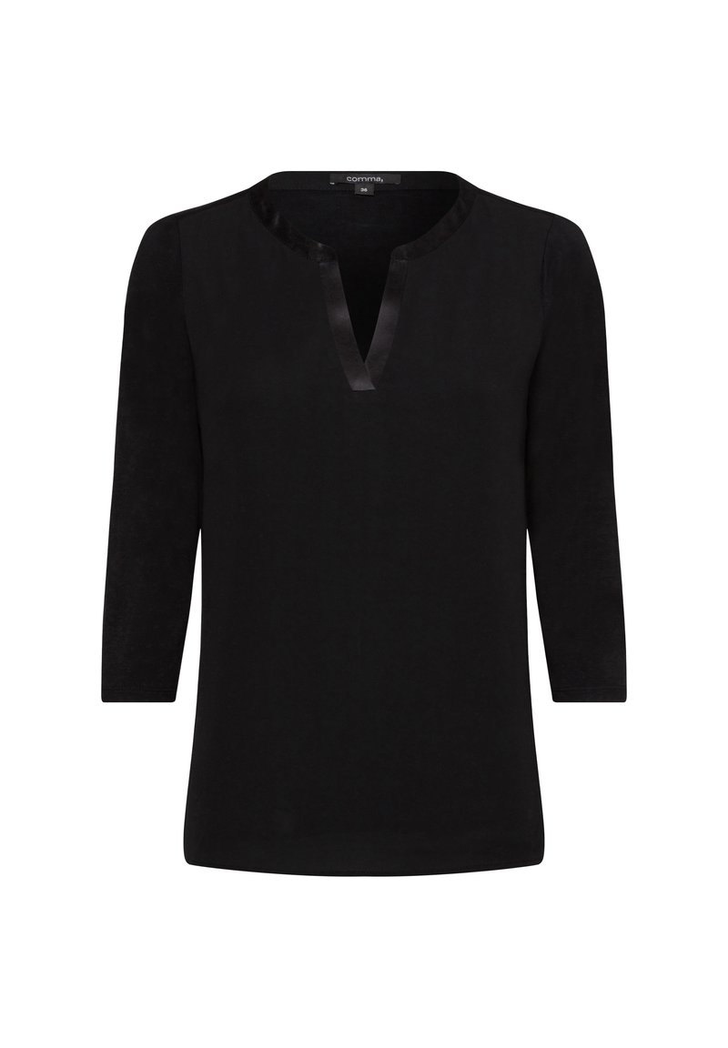 Schwarzes Langarmshirt mit V-Ausschnitt, mit einem satinisierten Besatz am Ausschnitt. Weiche Textur, schlichtes Design und vielseitige Form.
