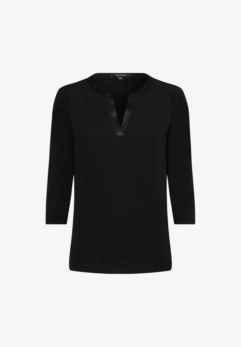 Schwarzes Langarmshirt mit V-Ausschnitt, mit einem satinisierten Besatz am Ausschnitt. Weiche Textur, schlichtes Design und vielseitige Form.