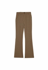 Brązowe, wzorzyste spodnie o szerokich nogawkach z wysokim stanem i zapięciem na guzik, z powtarzającym się wzorem w romby i krzyże.
