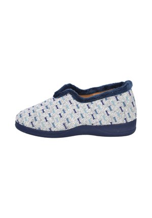 Zapatilla de casa para hombre tipo slip-on con tejido de punto gris y azul con patrón, ribete azul oscuro y suela acolchada.