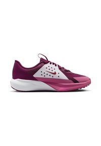 Scarpa da corsa Nike in prugna scuro e rosa, con tomaia in rete, ritagli geometrici e un'intersuola bianca con suola testurizzata.