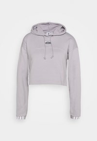 Světle šedá zkrácená mikina s dlouhými rukávy, kapucí na tkanici a malým černým logem. Pruhované detaily na manžetách rukávů. Měkká textilie.