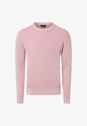 Pull rose tricoté avec un motif texturé, encolure ronde, et poignets et ourlet côtelés. Tissu léger adapté aux superpositions.