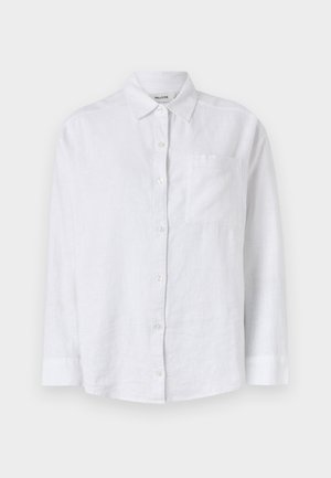 Balta lina krekls ar garām piedurknēm, pogājamā priekšpuse un kreisā krūšu kabata. Iezīmē klasisku apkakli un taisnu apakšmalu.