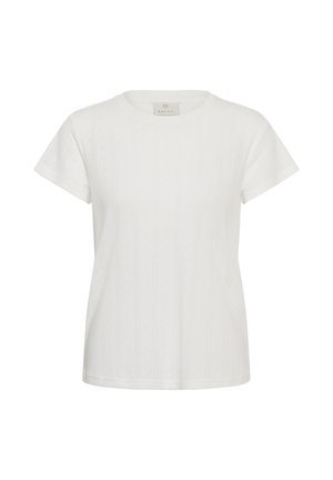 T-shirt blanc à manches courtes et col rond avec des motifs verticaux texturés subtils et un ourlet droit.