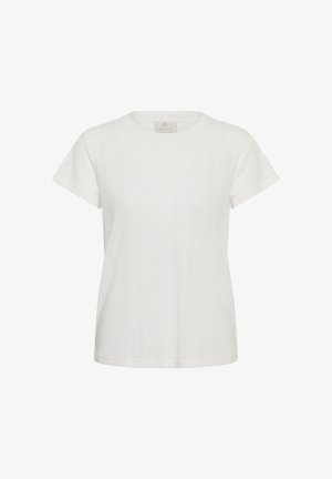 T-shirt blanc à manches courtes et col rond avec des motifs verticaux texturés subtils et un ourlet droit.